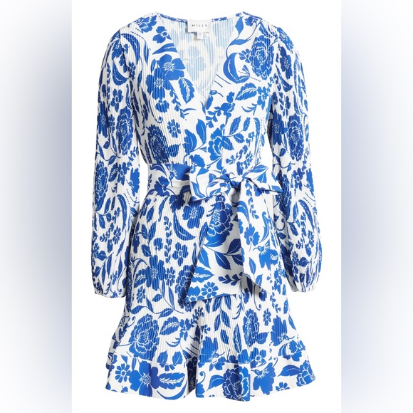 Milly Dresses & Skirts - Milly Blue Liv Flowers of Spain Long Sleeve V Neck Pleated Mini Dress